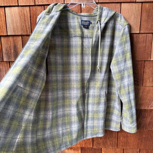 New Pendleton Virgin Wool Sage/Gray Plaid Zip Front Hoodie Jacket Women's Large - Picture 7 of 11